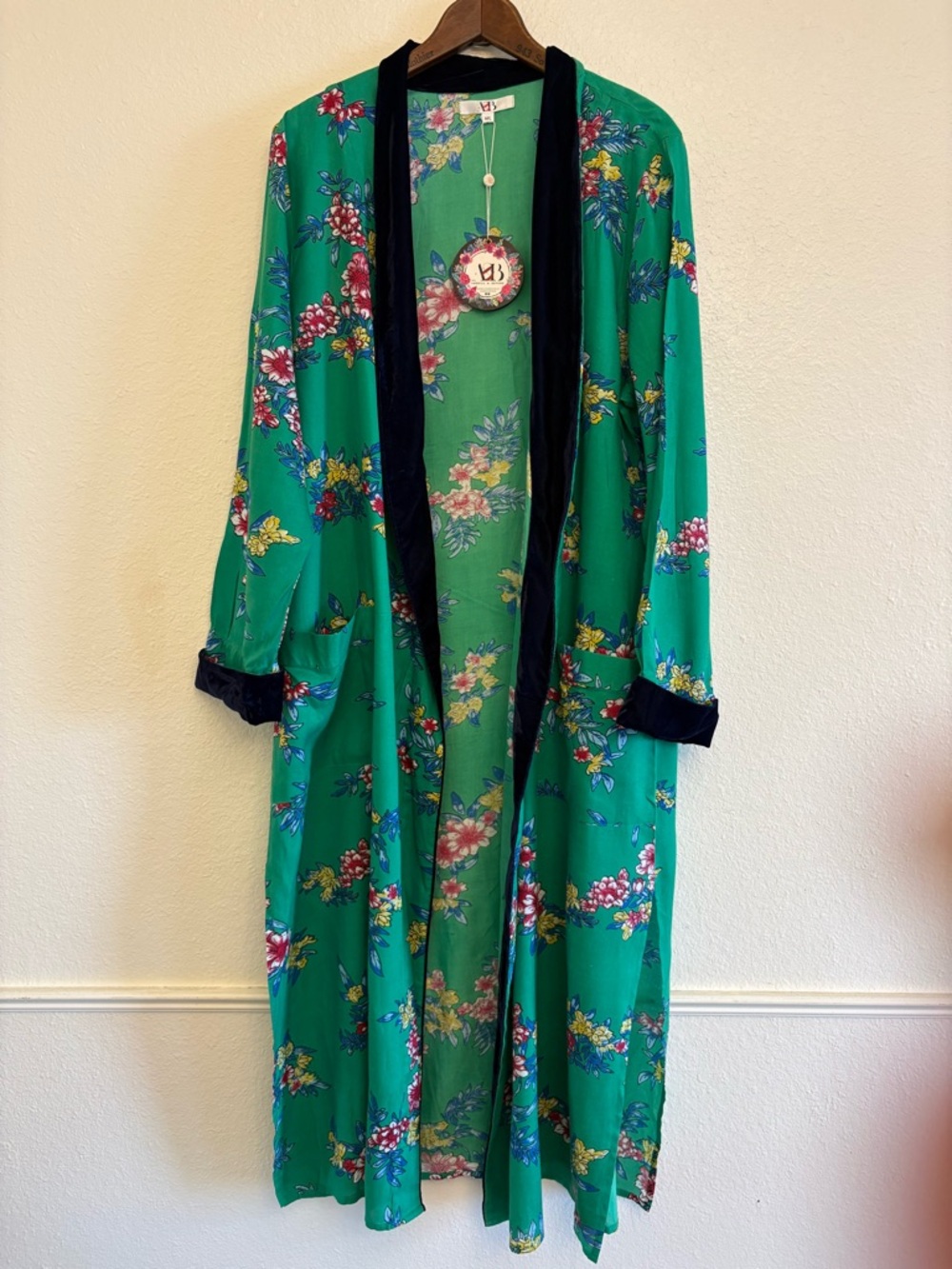 America & Beyond Green Floral Velvet Trim Kimono Duster NWT M/L